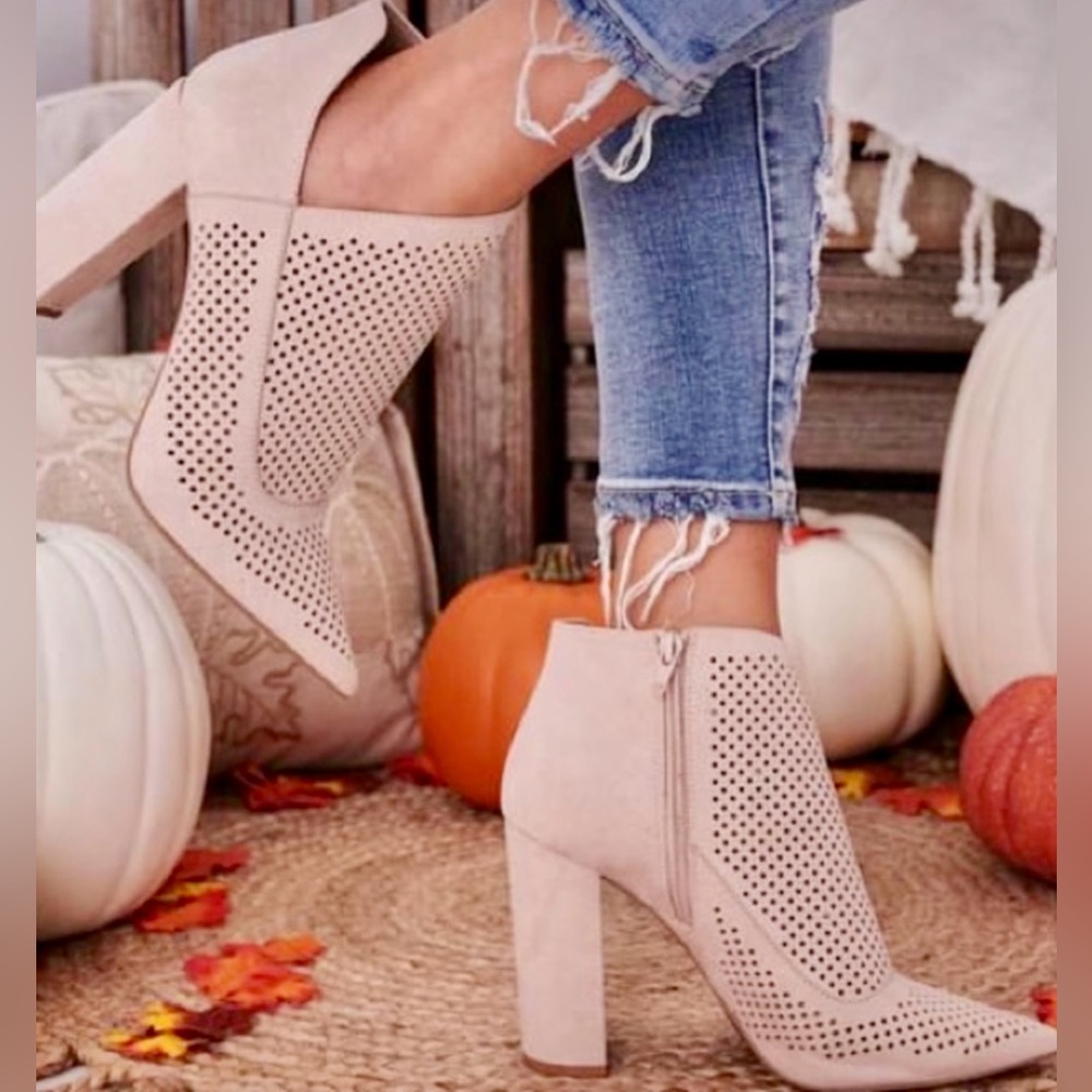 Blush faux suede perforated booties block heel size 8.5